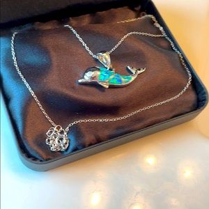 Dolphin necklace with opals and crystal